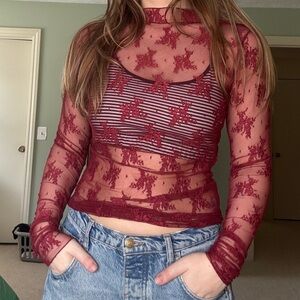 Free People Burgundy Sheer Lady Lux Lace Long-Sleeve